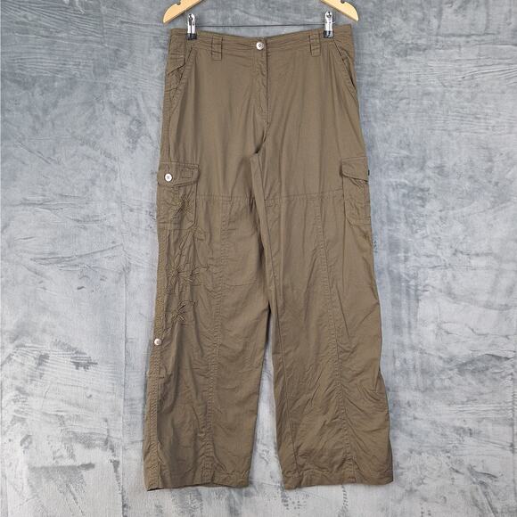 Womens Pants 10 Brown Cargo Utility Wide Leg Embroidered Floral High Rise Boho‎ - Picture 1 of 8